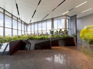 a large office with a lot of plants